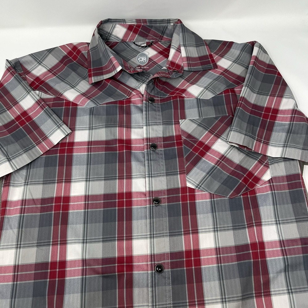 Club Ride Go West Cycling Jersey Shirt Mens Small Red Gray Plaid Pearl Snap MTB